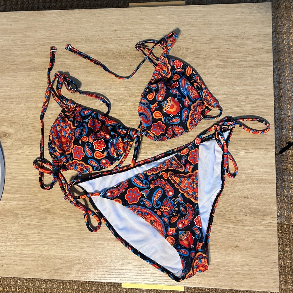Paisley Tie-Side Bikini Set - Navy with Red & Orange Floral Print